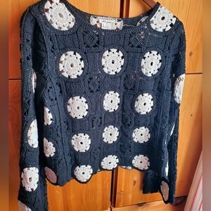 Ultra Pink Cotton Black & White Crochet Long Sleeve Sweater Size Small